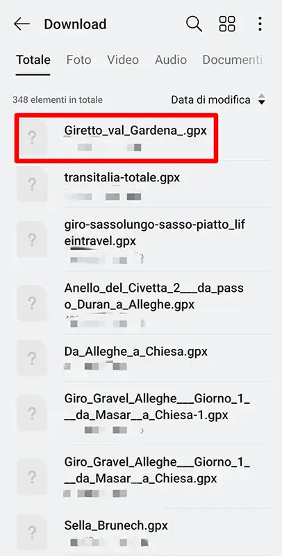 aprire file gpx file