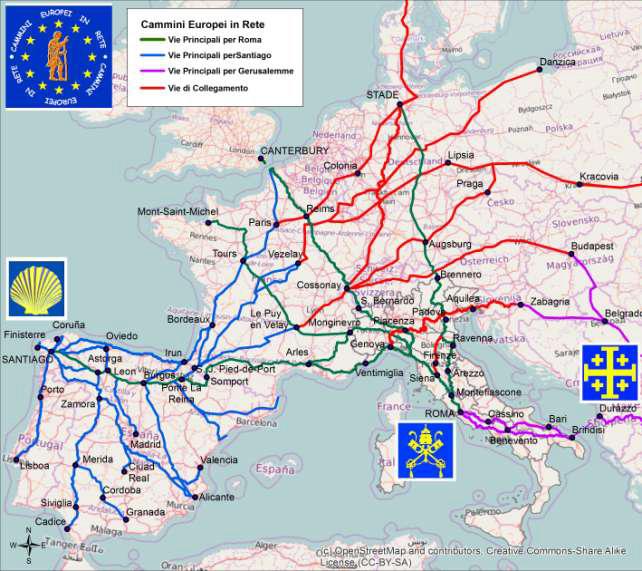 mappa cammini europei